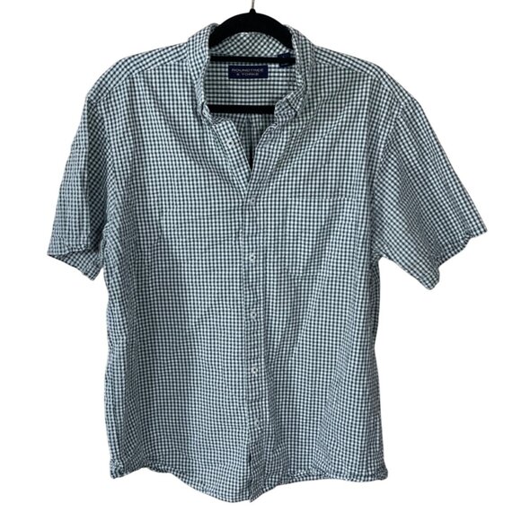 Roundtree & Yorke Men's Button Down Shirt Short Sleeve L Large Green Gingham - Picture 1 of 6